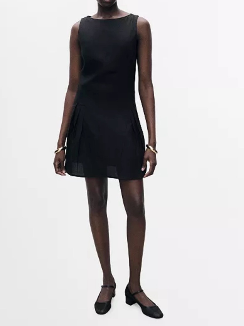 Mango LINEN-BLEND DRESS WITH PLEATS, Black, XXS